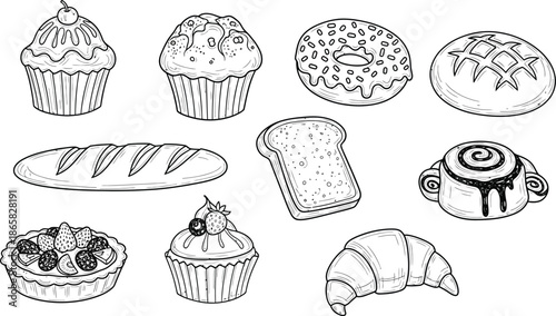 Hand drawn bakery bread elements set in vintage outline illustration style