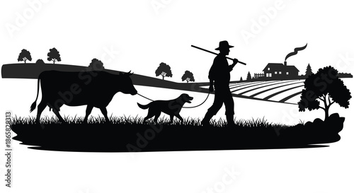a rural scene depicts a farmer leading a cow and dog across a grassy field a silhouette