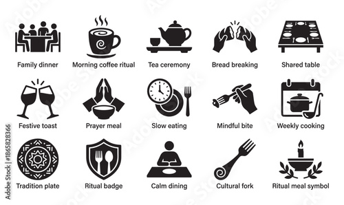Collection of black glyph icons representing food rituals, dining traditions, and mindful eating, featuring symbols for family dinner, tea ceremony, prayer, and shared meals