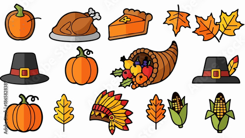 A collection of Thanksgiving-themed cartoon icons
