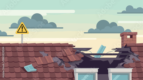 Damaged roof with warning sign and broken tiles in flat cartoon style