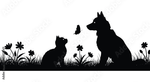 a captivating scene of a cat and dog gazing at a butterfly in a floral meadow silhouette