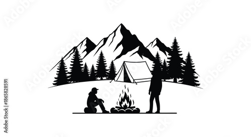 a peaceful outdoor scene depicts a camping setup with mountains trees and people around a campfire silhouette