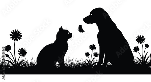 a striking black and white scene captures a cat dog butterfly and flowers in silhouette