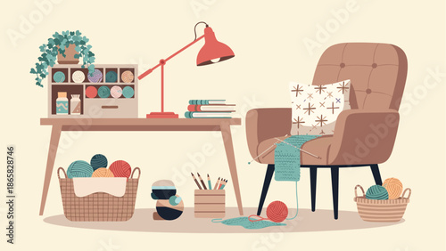 Cozy knitting corner with yarn, basket, and chair in home setting