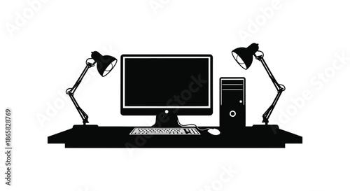 a modern workstation setup with a computer monitor lamps and keyboard in stark silhouette high quality