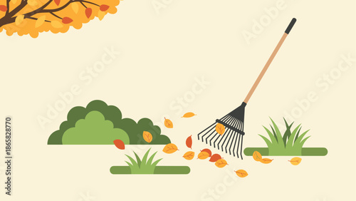 Autumn garden scene with rake and falling leaves for seasonal design use