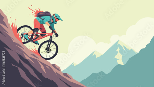 Dynamic mountain biking adventure on steep hills in vibrant colors