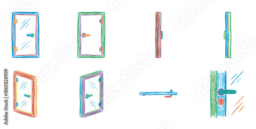 Colorful set of hand drawn doors shown from different perspectives in a playful, sketchy crayon style, including front, side, top, and isometric views for architectural concepts