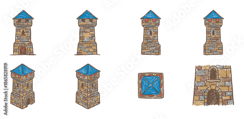 Collection of sketched medieval watchtower illustrations with stone walls and a blue roof, showing multiple angles and perspectives for a fantasy game or map design