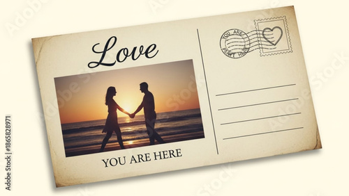 Vintage postcard with silhouette of a couple holding hands on a beach at sunset Love text and You Are Here message romantic concept