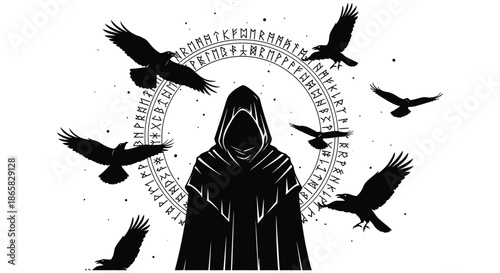 A mysterious hooded figure stands encircled by runes with several birds in flight a striking silhouette