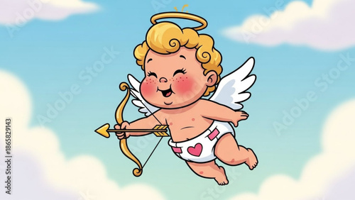 Cute cupid baby with bow and arrow flying in the sky with clouds symbol of love and romance for Valentines Day