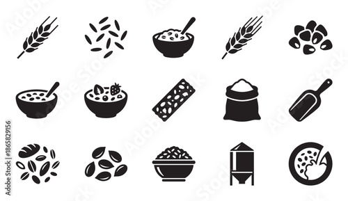 Collection of black glyph icons representing cereal, grains, and breakfast foods like oatmeal, wheat, and rice, illustrating the process from farm to bowl in a simple vector style