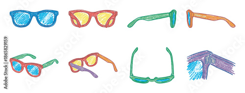 Colorful collection of hand-drawn sunglasses illustrations shown from various angles in a playful, sketchy crayon style with vibrant, multi-colored frames and lenses