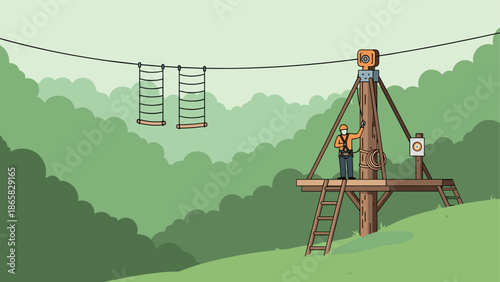 Adventure park zip line platform in green landscape with safety equipment