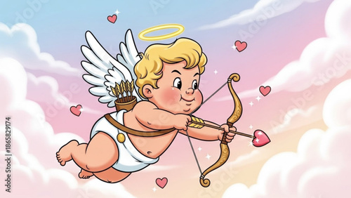 Cute cupid angel with bow and arrow flying in pink clouds symbol of love and romance for Valentines Day cartoon illustration