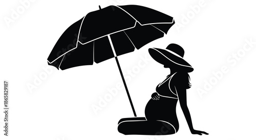 A pregnant woman relaxes on the beach beneath a parasol enjoying a sunny day silhouette