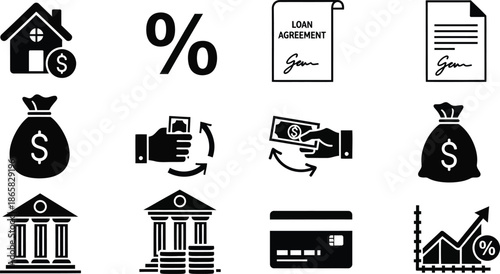 Financial icons depicting graphs, charts, and money with percentage signs and arrows indicating growth and decline in business 