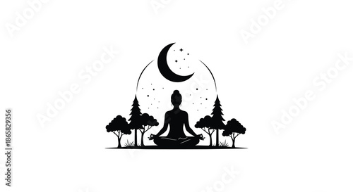 a serene landscape with a meditating figure under a crescent moon and trees a striking silhouette