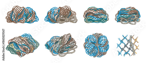 Hand-drawn fishing nets and ropes collection illustrated in a rustic nautical style, showing tangled piles and knotted mesh details in blue, brown, and earthy tones