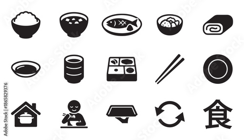 Collection of black Japanese food icons in a minimalist style, featuring traditional dishes like rice, miso soup, grilled fish, bento box, and dining symbols