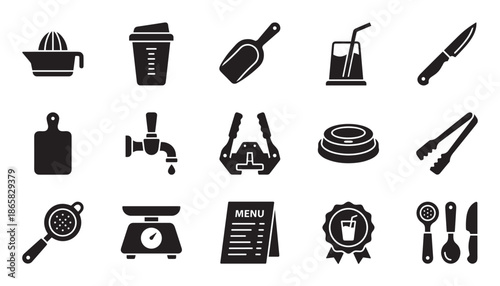 Collection of fifteen black glyph icons representing bartender tools and kitchen equipment for making drinks and food, including a shaker, juicer, knife, and scale in a flat vector style