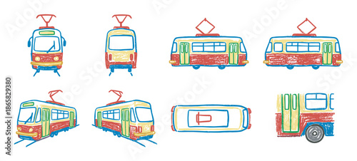 Colorful hand-drawn tram and streetcar illustrations set in a naive, childlike style, showing various perspectives and angles with a charming, textured stamp print effect