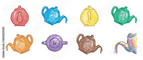 Colorful collection of hand-drawn teapots in a whimsical crayon style, featuring various shapes and a rainbow palette of red, blue, yellow, green, orange, purple, and brown