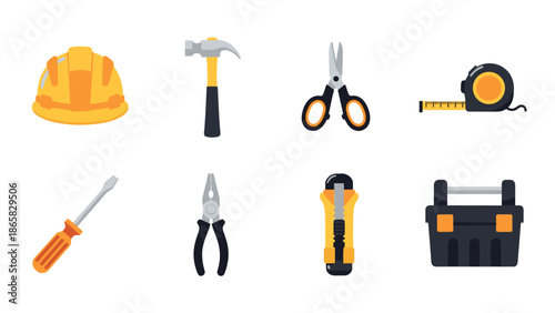 Essential home repair tools set with flat design elements for construction