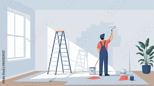 Professional home painter working indoors with ladder and supplies in bright room