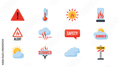 Weather and safety icons collection depicting alert, summer, and fire hazards