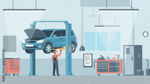 Mechanic working on elevated car in modern auto repair garage