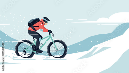 Cyclist riding fat bike on snowy mountain trail in winter adventure scene