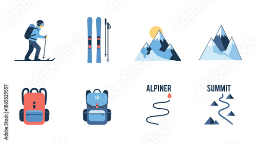 Minimalist winter sports and mountain adventure icons set with skier, backpack, and alpine elements