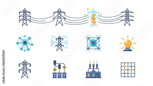 Energy infrastructure icons featuring power lines and substations in a flat style
