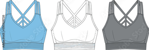Technical Vector Illustration of Women's Strappy Sports Bra Template in Blue White and Grey Colors for Fashion Design Tech Pack