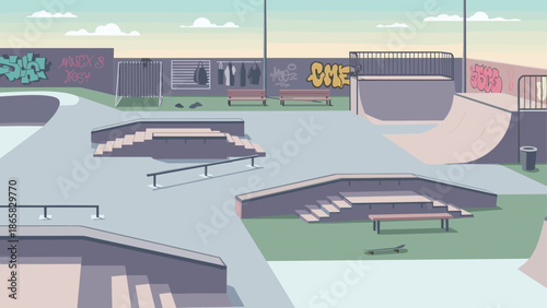 Urban skate park with graffiti art and smooth ramps in a flat design style