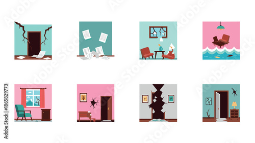 Home interiors in crisis: surreal rooms with chaos and damage