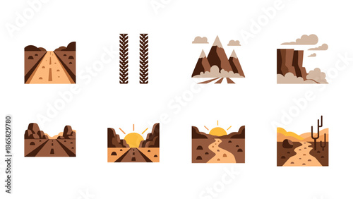 Desert road icons: minimalist adventure and scenic landscapes