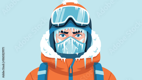 Winter explorer in icy gear with frosted goggles