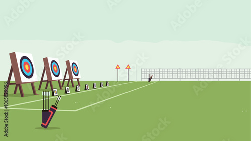 Archery target practice on green field with equipment and targets aligned