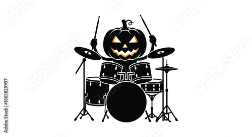 a halloween pumpkin playing a full drum set with spooky carved features presented as a silhouette