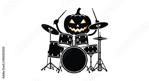 a playful jack o lantern character enthusiastically playing a full drum set with a distinct silhouette