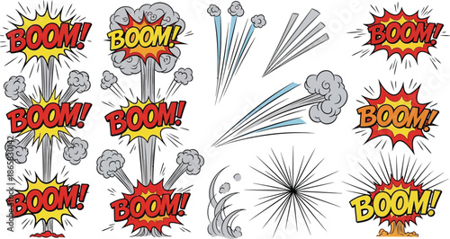 Explosion bomb icon set. Cartoon vector collection of colorful boom and bang effects. Comic blast designs. Dynamite detonation, smoke cloud, and fire burst illustration.