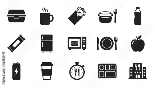 Collection of black glyph icons representing lunch, food delivery, and takeaway meals including a lunchbox, coffee, microwave, and apple for business or office concepts