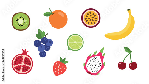 Colorful flat assorted fruits collection on white background