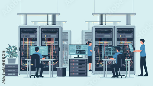 Modern data center with technicians managing network servers