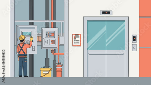 Industrial maintenance engineer operating elevator control system in modern building