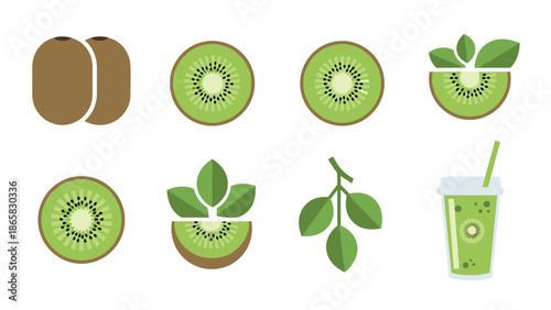 Flat kiwi fruit set: slices, leaves, branches, and smoothie icons